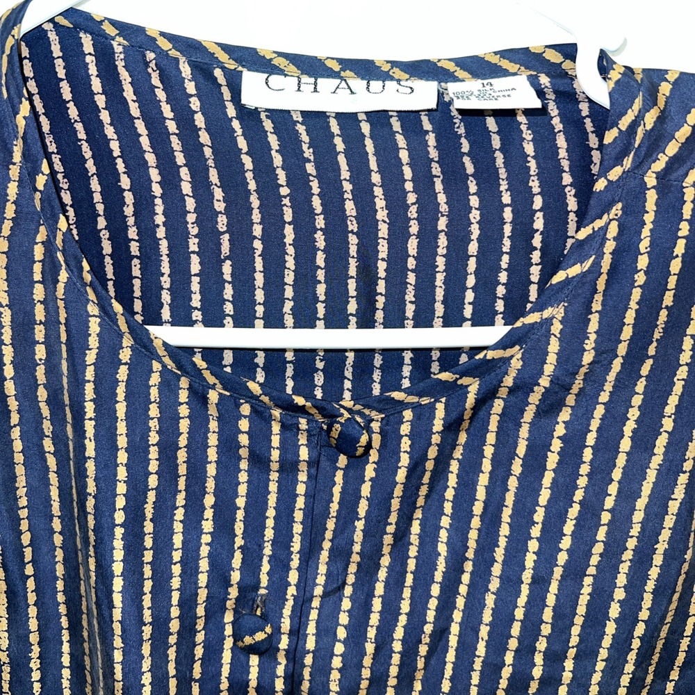 Vintage Chausβ Women Size 14 Blouse 100% Silk Navy Brown Old Money Classic